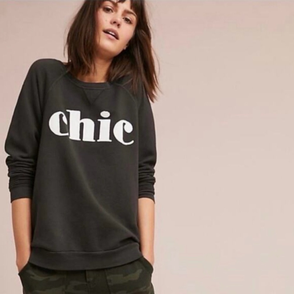 Sol Angeles for Anthropologie Black Crewneck Sweatshirt with White Label